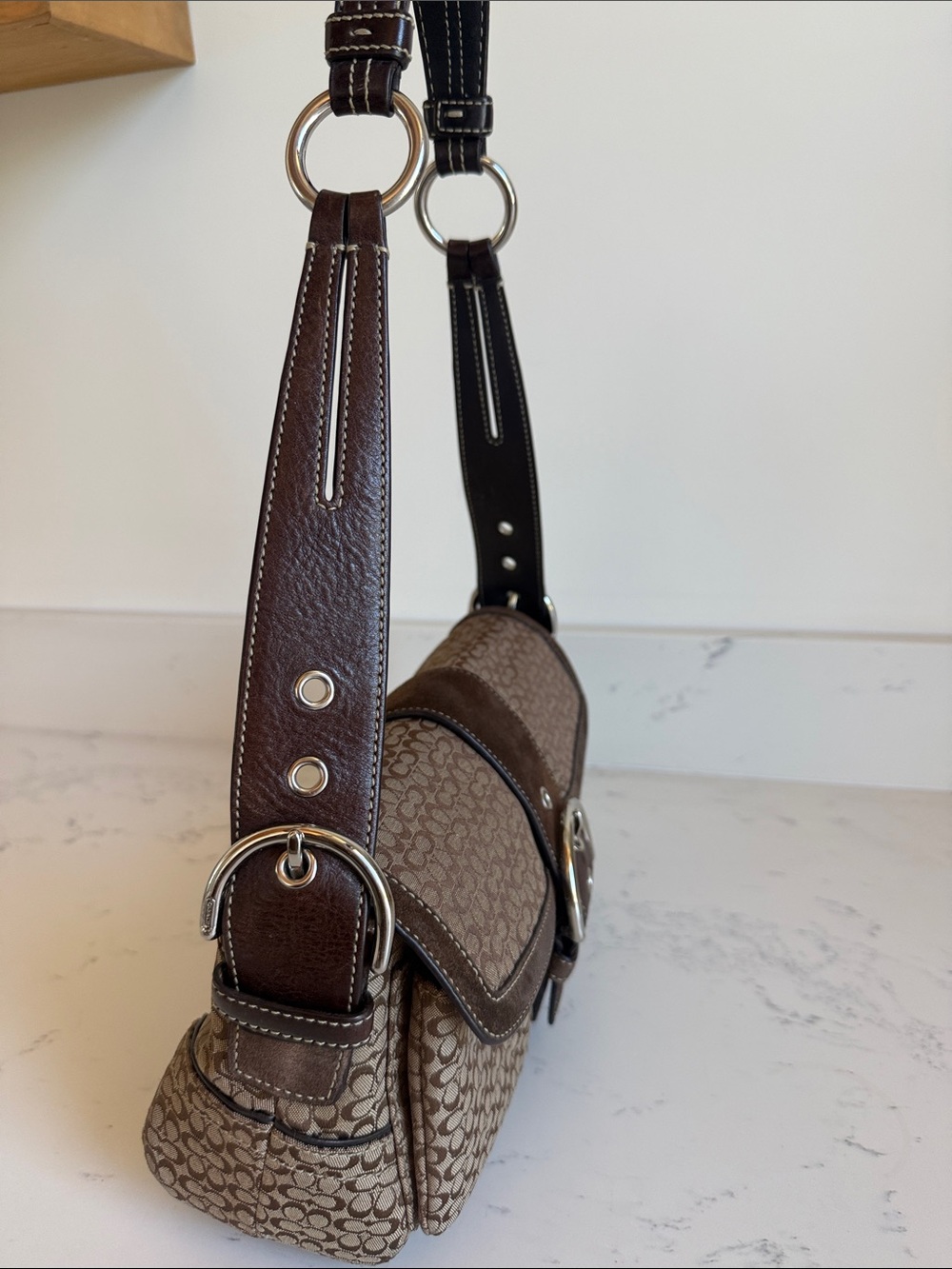 Vintage Coach Monogram Canvas With Brown Suede Soho Flap Signature Shoulder Bag - Picture 9 of 15